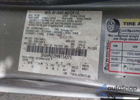 2009 Ford Fusion Se из США, поврежденный, VIN 3FAHP07Z99R154275